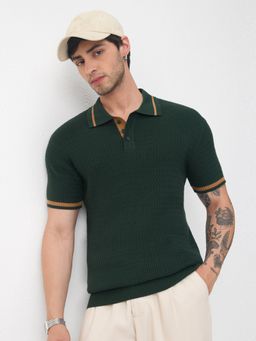 The Souled Store - Men Green Textured Polo T-Shirt