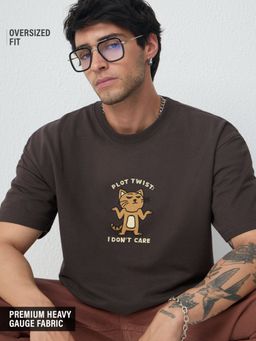 The Souled Store - Men Brown Embroidered Oversized T-Shirt