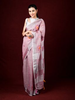 EXCLUSIVA - Purple Linen Saree Embroidery and Thread Work with Unstitched Blouse