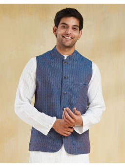 Fabindia - Blue Cotton Dobby Slim Fit Nehru Jacket