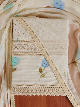 Ahalyaa - Women Off White Cotton Hand Printed Dress Material (Set of 3)