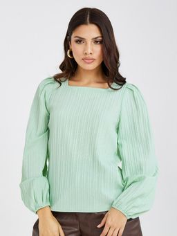 Styli - Green Square Neck Textured Regular Length Boxy Fit Blouse