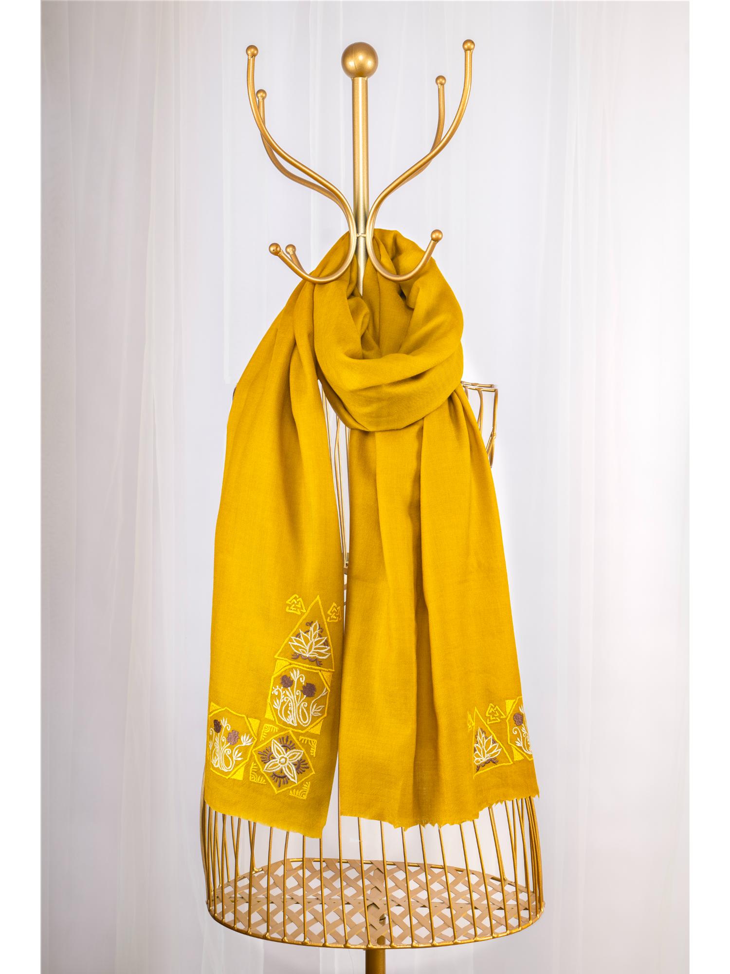 october Yellow Fine Wool Embroidered Scarf - L Border-picture-37