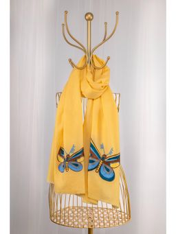 October - Yellow Fine Wool Embroidered Shawl - Sabar, Sukoon, Butterflies