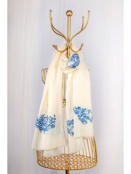 October - White Fine Wool Hand-Painted Shawl - Birds on the Nest