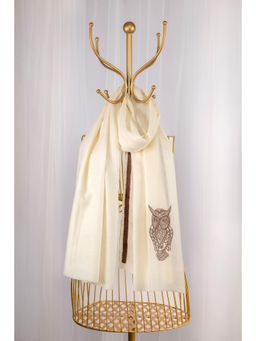 October - White Fine Wool Embroidered Shawl - As Wise as an Owl