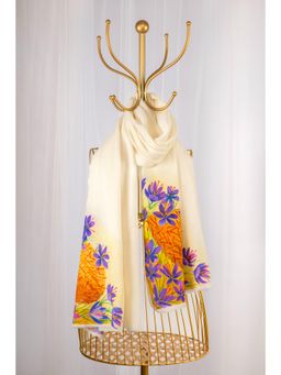 October - White Fine Wool Embroidered Shawl - Kesari Bageecha