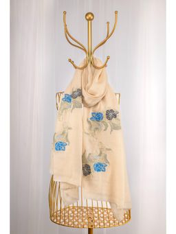 October - White Pure Pashmina Embroidered and Velvet Patched Scarf - Dainty Dreams Fishes