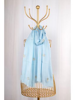October - Ice Blue Pure Pashmina Embroidered Scarf - Chand Sitara
