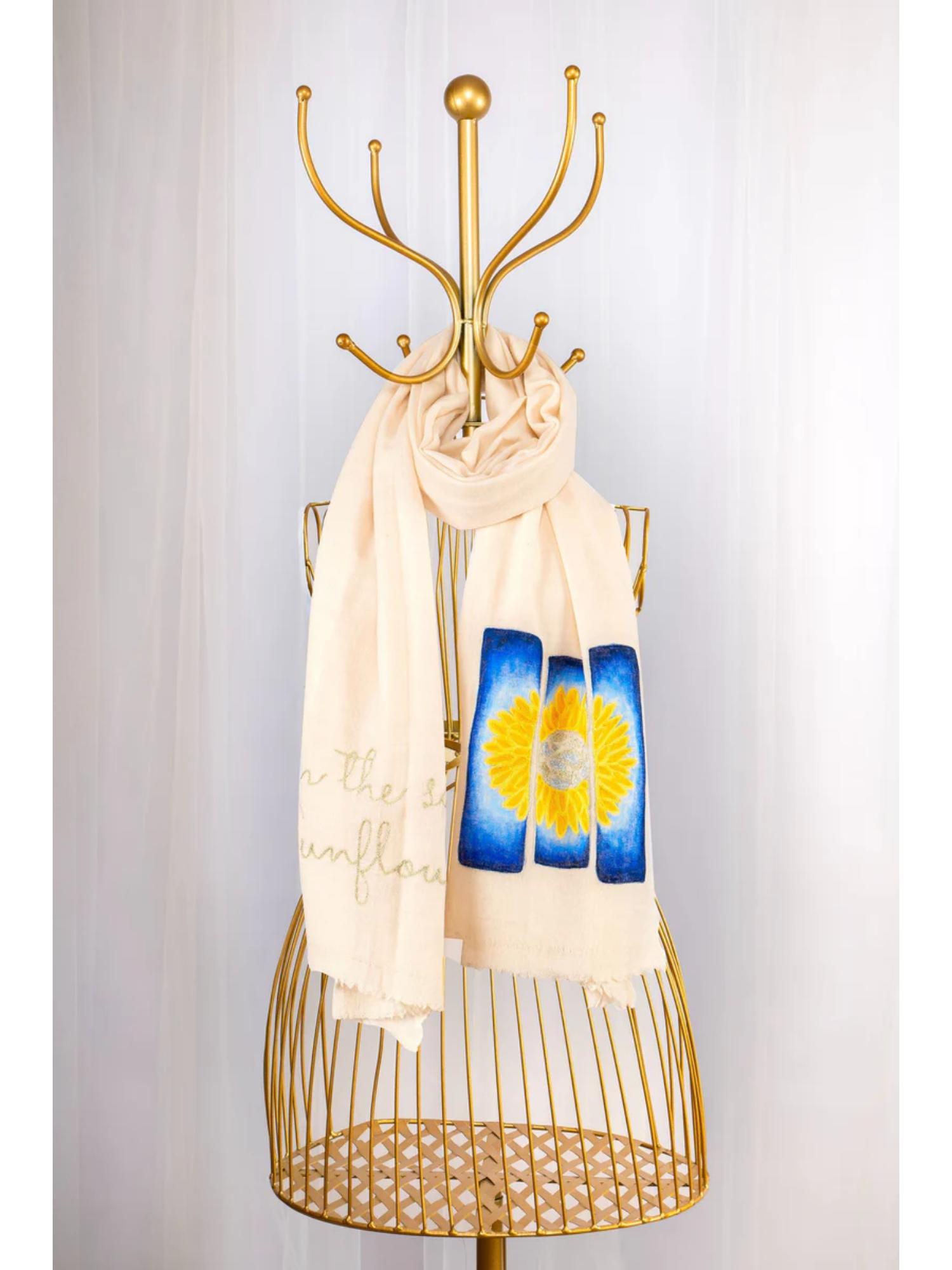october White Pure Pashmina Hand-Painted Scarf - Sketched Sunflowers-picture-33