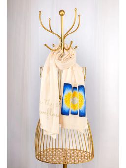 October - White Pure Pashmina Hand-Painted Scarf - Sketched Sunflowers