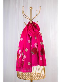 October - Hot Pink Pure Pashmina Hand-Painted Scarf - Flamingo & Roses