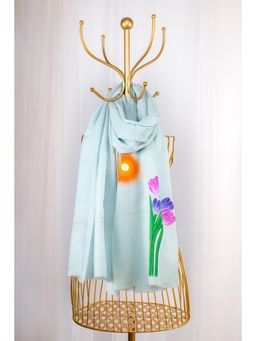 October - Ice Blue Pure Pashmina Hand-Painted Shawl - Tulip Garden