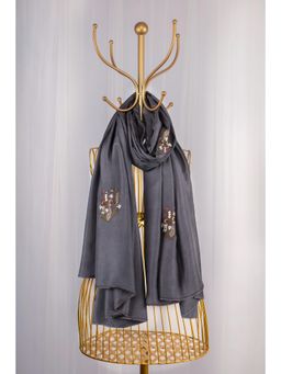 October - Grey Silk Embroidered Scarf - Conversing Peacocks