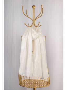 October - White Silk Embroidered Scarf - Lotus Shower
