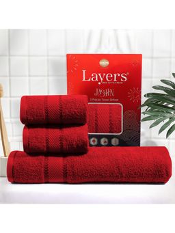 Layers - Jashn Cotton 380 Gsm Red 1 Bath Towel With 2 Hand Towel Combo (Pack of 3) (M/L)