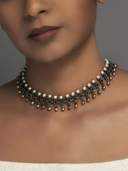 Divas Mantra - 92.5 Silver Oxidised Green Intensity Necklace with Green cut Stones and Pearls