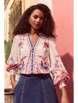 Love & Roses - Print Lace Detail Notch Neck Long Sleeve Cotton Shirt (14)