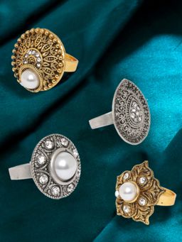 OOMPH - Combo of 4 Antique Gold and Oxidised Stones and Pearls Ethnic Ring