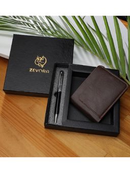 ZEVORA - Men Two Fold Leather Wallet With Twister Ball Pen - Brown
