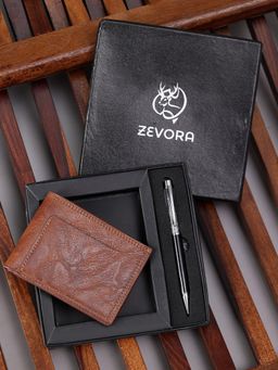 ZEVORA - Men Two Fold Leather Wallet With Twister Ball Pen - Tan
