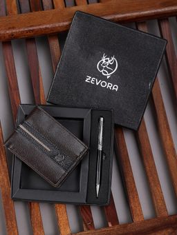 ZEVORA - Men Two Fold Leather Wallet With Twister Ball Pen - Brown