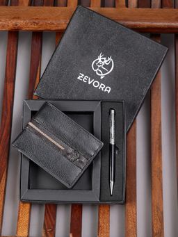 ZEVORA - Men Two Fold Leather Wallet With Twister Ball Pen - Black