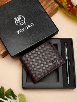 ZEVORA - Men Two Fold Leather Wallet With Twister Ball Pen - Brown