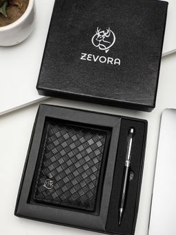 ZEVORA - Men Two Fold Leather Wallet With Twister Ball Pen - Black
