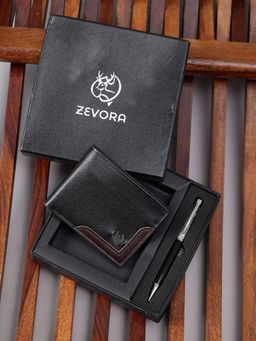 ZEVORA - Men Two Fold Leather Wallet With Twister Ball Pen - Black
