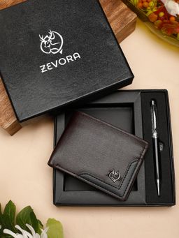 ZEVORA - Men Two Fold Leather Wallet With Twister Ball Pen - Brown