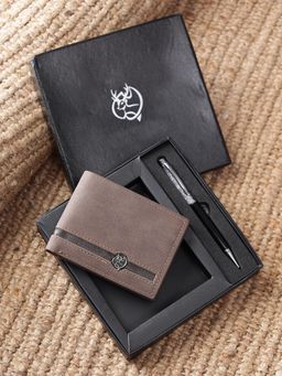 ZEVORA - Men Two Fold Leather Wallet With Twister Ball Pen - Brown