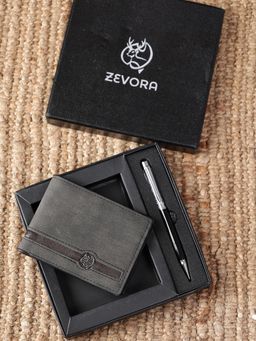 ZEVORA - Men Two Fold Leather Wallet With Twister Ball Pen - Grey
