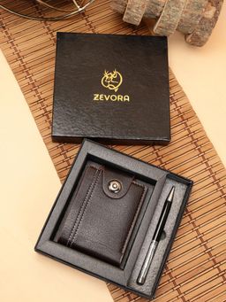 ZEVORA - Men Two Fold Leather Wallet With Twister Ball Pen - Brown