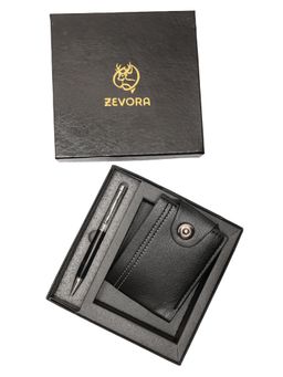 ZEVORA - Men Two Fold Leather Wallet With Twister Ball Pen - Black