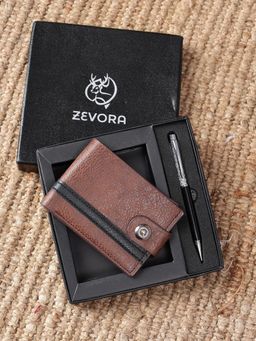 ZEVORA - Men Two Fold Leather Wallet With Twister Ball Pen - Brown