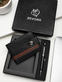 ZEVORA - Men Two Fold Leather Wallet With Twister Ball Pen - Black