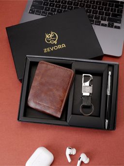 ZEVORA - Men Two Fold Leather Wallet With Twister Ball Pen & Keychain - Tan