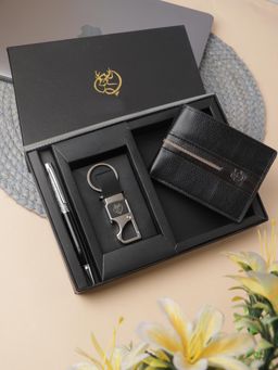 ZEVORA - Men Two Fold Leather Wallet With Twister Ball Pen & Keychain - Black