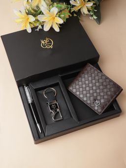 ZEVORA - Men Two Fold Leather Wallet With Twister Ball Pen & Keychain - Brown