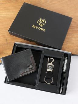 ZEVORA - Men Two Fold Leather Wallet With Twister Ball Pen & Keychain - Black