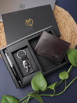 ZEVORA - Men Two Fold Leather Wallet With Twister Ball Pen & Keychain - Brown