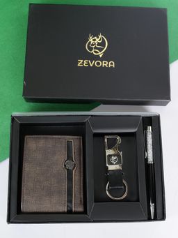 ZEVORA - Men Two Fold Leather Wallet With Twister Ball Pen & Keychain - Brown