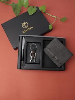 ZEVORA - Men Two Fold Leather Wallet With Twister Ball Pen & Keychain - Grey