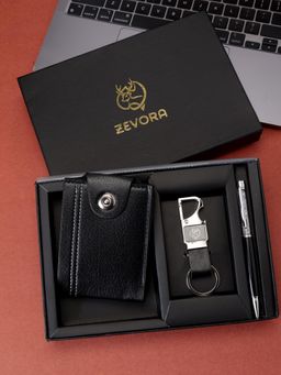 ZEVORA - Men Two Fold Leather Wallet With Twister Ball Pen & Keychain - Black