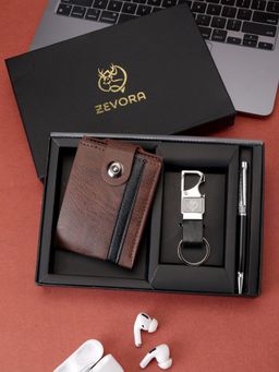 ZEVORA - Men Two Fold Leather Wallet With Twister Ball Pen & Keychain - Brown