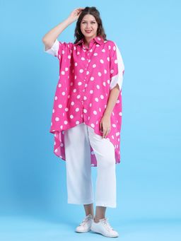 Qurvii - Women Crepe Polka Dots Loose Fit Collar Neck Pink Shirt