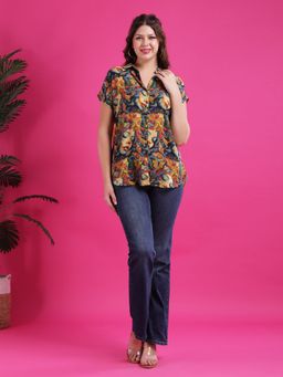 Qurvii - Women Crepe Printed Regular Fit Collar Neck Multi-Color Shirt
