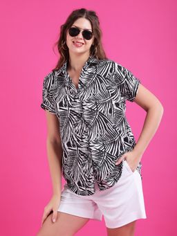 Qurvii - Women Crepe Printed Regular Fit Collar Neck White Shirt