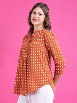 Qurvii - Women Crepe Polka Dots Regular Fit Mandarin Neck Rust Top